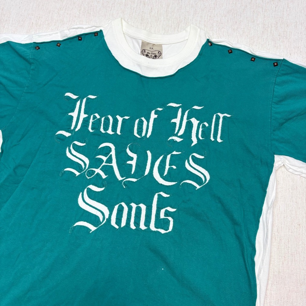 Blac Label Premium Mens 2X Teal White Layered Studded Fear of Hell Graphic Y2K